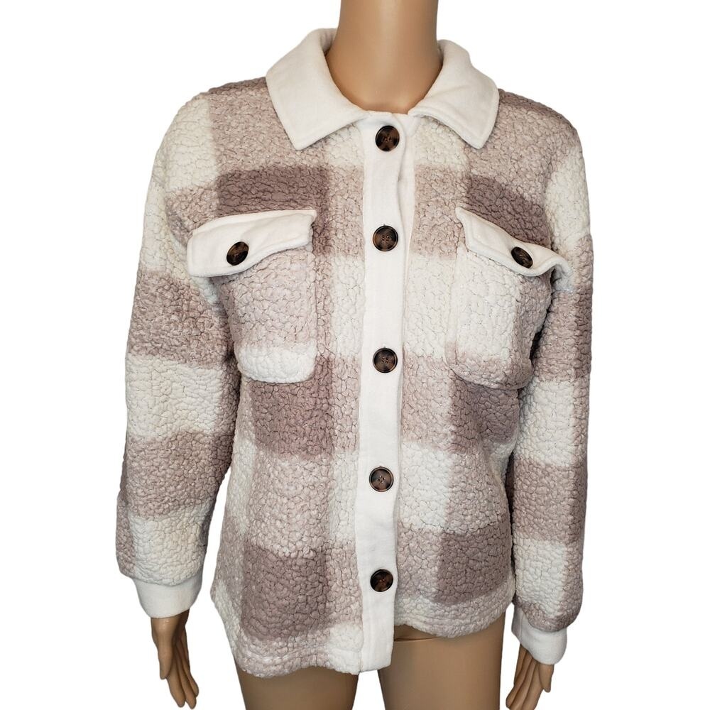 Coze Fleece Faux Fur Sherpa‎ Sweater Button Up Pockets Brown White Mefium